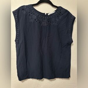 Abercrombie & Fitch A&F Dark Blue Embroidered Button Back Sleeveless Top Blouse